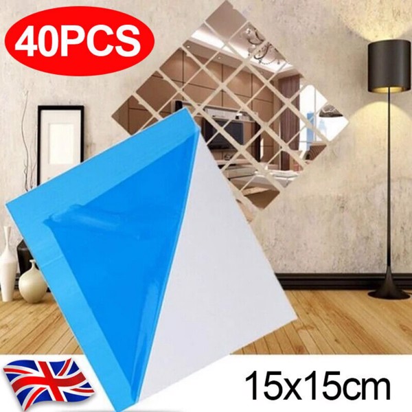 40X Glass Mirror Tiles Wall Sticker Square Self Adhesive Stick On Home Set DIY S