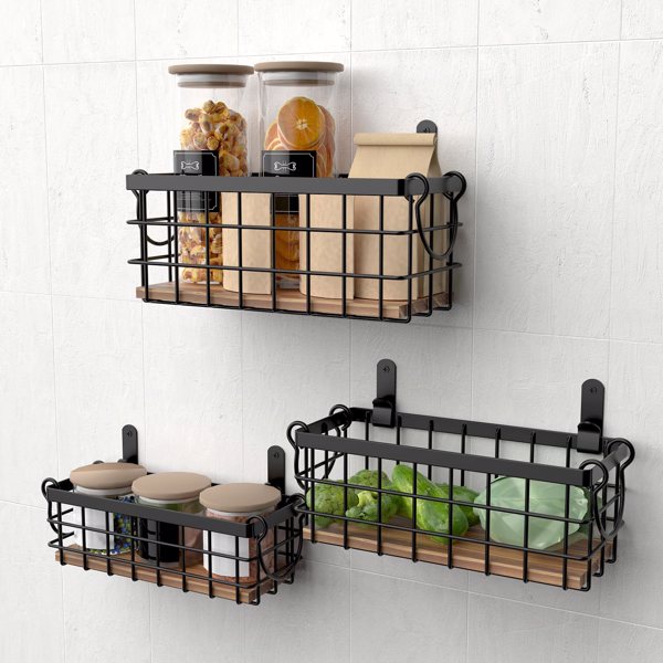 Wire Storage Baskets Household Metal Wall-Mounted Containers Organizer Bins for Kitchen Bathroom, Countertop Storage Basket, Wardrobe Organizers, Pantry Laundry Room Cabinets Garage Shelf (3 Pack)FBA