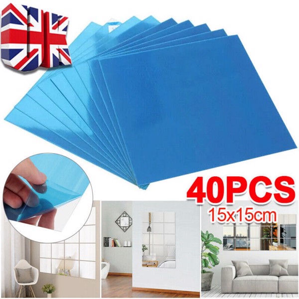 40X Glass Mirror Tiles Wall Sticker Square Self Adhesive Stick On Home Set DIY S