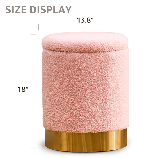 Teddy Velvet Storage Ottoman Multipurpose Footrest Stool with Metal Base Modern Round Vanity Stool Chair Ottoman Foot Stools Support 300lbs Padded Seat for Living Room & Bedroom Pink