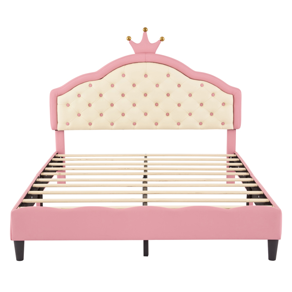 Full Size Lovely Crown Fantasy PU Leather Princess Bed with Tufted Headboard, Pink+Cream