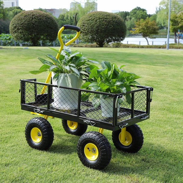 500 Lbs Sturdy Steel Structure Garden Cart, 2-in-1 Multi-functional Four-wheel Cart With Removable Side Panels, Convertible To Flatbed, 240° Rotating Handle And 10-inch Pneumatic Tires