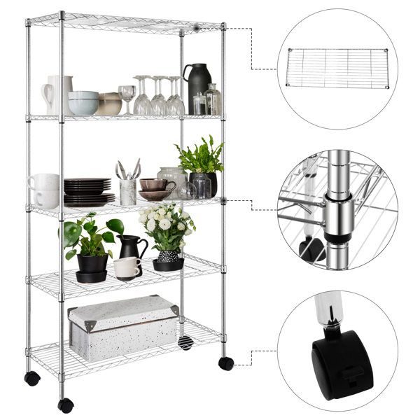 5-Layer Chrome Plated Iron Shelf with 1.5" Nylon Wheels 165*90*35 Chrome