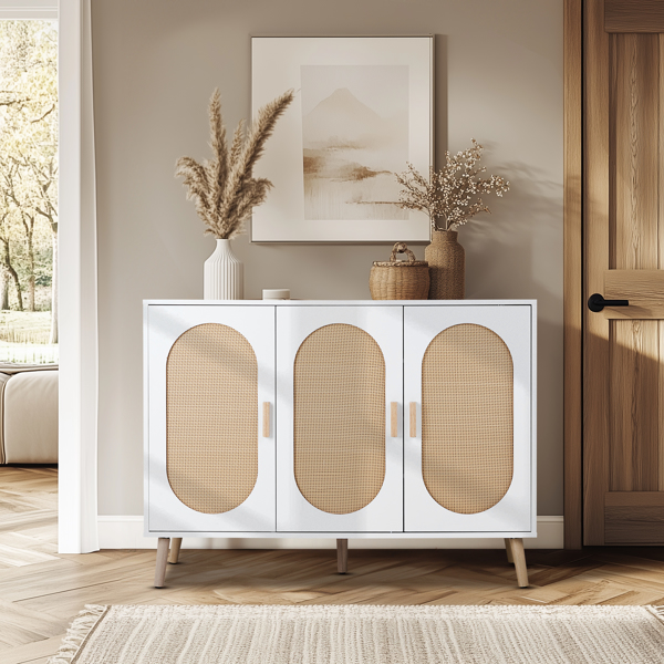 FCH 3-door vertical shoe cabinet particle board + plastic rattan white frame + original wood rattan surface + gold high feet