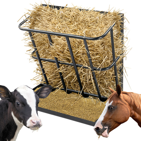 Large Capacity Hay Feeder with Detachable Grain Tray, Heavy Duty Steel 2 in 1 Hay Rack, Multiple Sided Goat Feeding Rack for Sheep Farm Livestock Indoor Outdoor, Black