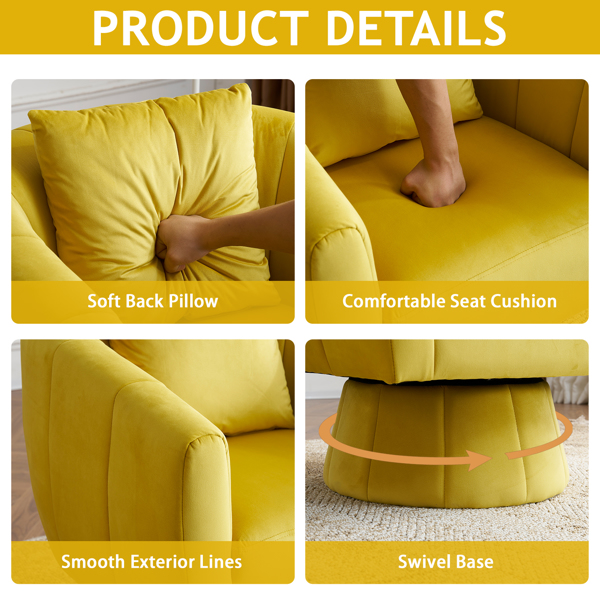 360° Swivel Accent Chair, Modern Velvet Fabric Living Room Armchair with Fluffy Cushions, Comfy Wide Upholstered, Barrel Accent Chairs for Living Room, Bedroom, Lounge, Office Yellow