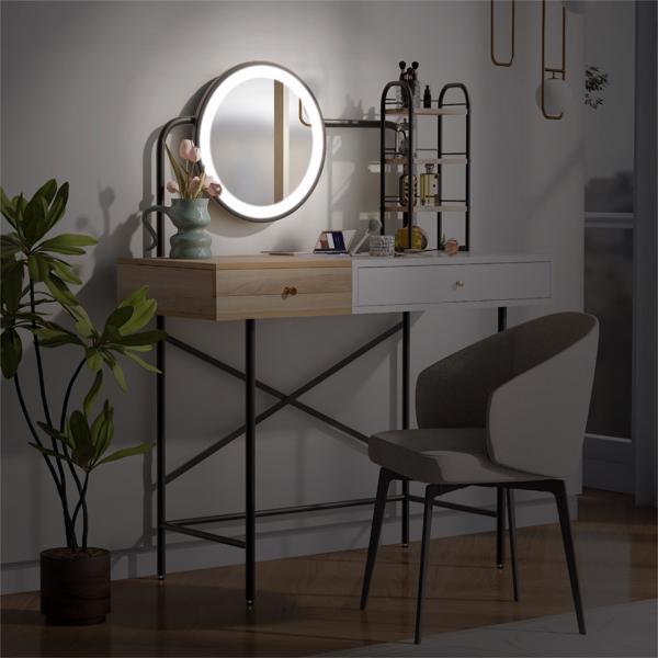 40" Makeup Vanity Desk with 3-Mode Lighted Mirror & Wireless Charging Station , Vanity Table with Drawer & 3 Open Shelves for Ample Storage Space, Dressing Table for Bedroom, White