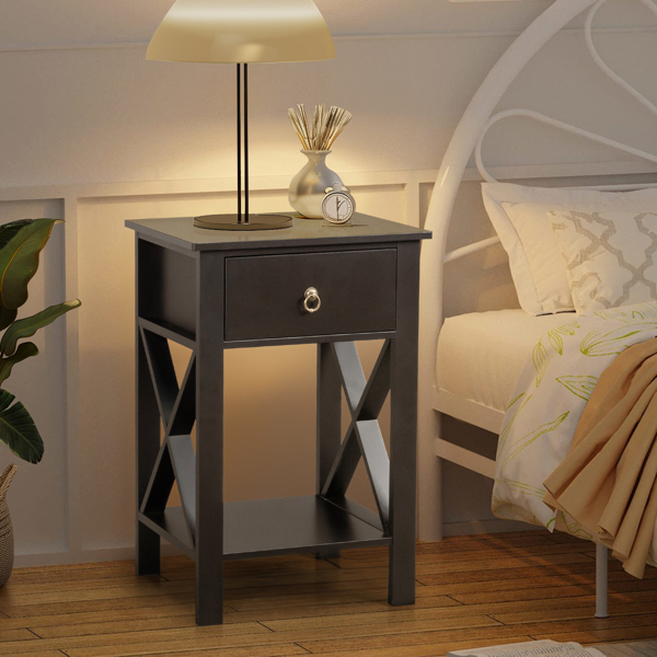 2PCS Side Intersection Style Bedside Table Coffee Table with Two-layer Drawer Black