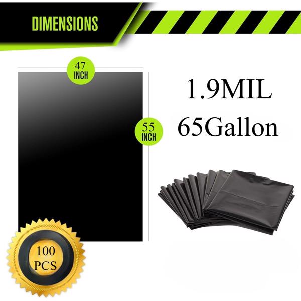 65Gallon heavy-duty black garbage bag -1.9MIL thick, sturdy, durable, large capacity - very suitable for household and commercial use -47in * 55in disposable garbage bag, 100PCS