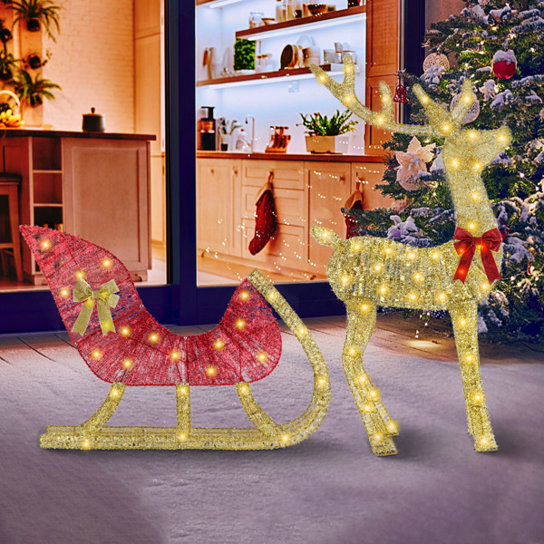 Lighted Christmas Reindeer & Sleigh Indoor Outdoor Christmas Decoration Christmas Lighted Display with 8 Lighting Modes