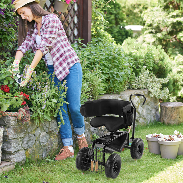 Rolling Garden Cart with Cushioned Backrest & Seat, Outdoor Gardening Stool for Planting, Garden Scooter with 360 Degree Swivel Seat & Steering Handle & Tool Tray, Black