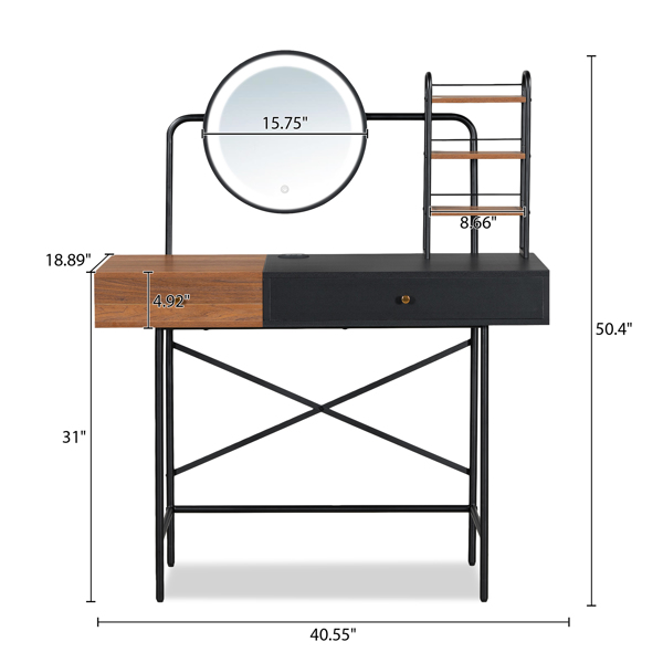 40" Makeup Vanity Desk with 3-Mode Lighted Mirror & Wireless Charging Station , Vanity Table with Drawer & 3 Open Shelves for Ample Storage Space, Dressing Table for Bedroom, Black(No stool included)