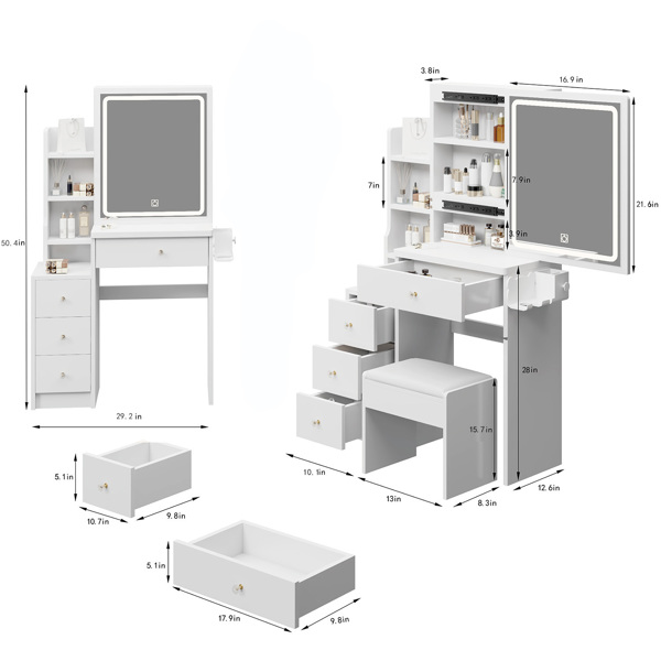 Small Space Left Bedside Cabinet Vanity Table + Cushioned Stool, 2 AC+2 USB Power Station, Hair dryer bracket, Extra Large Touch Control Sliding LED Mirror, Tri-color Switching, Brightness Adjustable