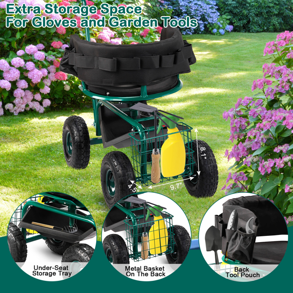 Rolling Garden Cart with Cushioned Backrest & Seat, Outdoor Gardening Stool for Planting, Garden Scooter with 360 Degree Swivel Seat & Steering Handle & Tool Tray, Green