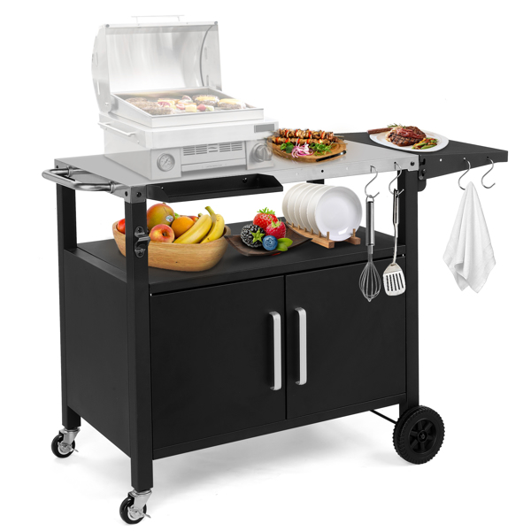 Outdoor Grill Cart with Storage, Rolling Bar Cart Movable Kitchen Island for BBQ, Patio Dining Cart Table for Food Prep with Wheels Hooks Foldable Top