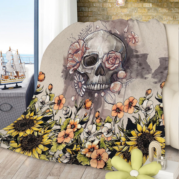 Rustic Skull Sunflower Flannel Fleece Blanket Floral Skull Flannel Soft Plush Throw Blanket Cozy Blankets for Bed Chair Car Sofa Couch Bedroom 75*100cm