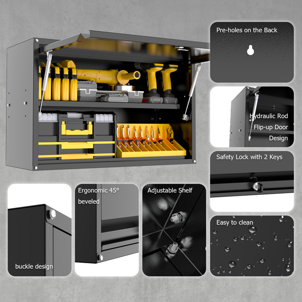 Metal Storage Cabinet, 150lbs Load Capacity per Shelf, Wall-Mounted Powder-Coating Steel Garage Cabinet, Press to Close & Open Door Perfect for Office Garage Tool（FBA发货）