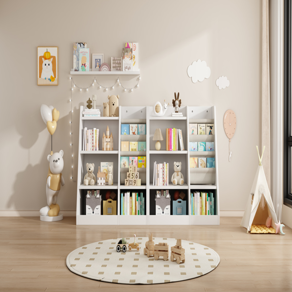 White Wooden Toy Storage Organizer Cabinet  Kids Bookshelf  Children Bookcase Toddler Baby Sling Book Rack Adjustable Shelf for Playroom Bedroom Nursery Hallway School Kindergarten Living Room