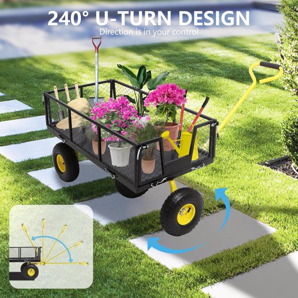 500 Lbs Sturdy Steel Structure Garden Cart, 2-in-1 Multi-functional Four-wheel Cart With Removable Side Panels, Convertible To Flatbed, 240° Rotating Handle And 10-inch Pneumatic Tires