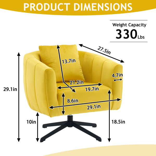 360° Swivel Accent Chair, Modern Velvet Fabric Living Room Armchair, Comfy Wide Upholstered with Fluffy Cushion and Metal Legs, Barrel Chairs for Living Room, Lounge, Office Yellow