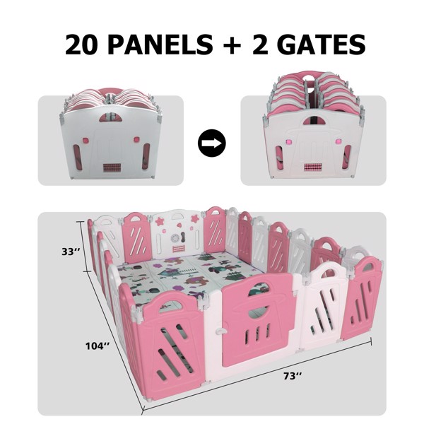 20+2 Panel Baby Playpen, Foldable Playard for Baby and Kids, Adjustable Shape Play Fence with Safety Lock Gate (Pink+White,20+2 Panel)