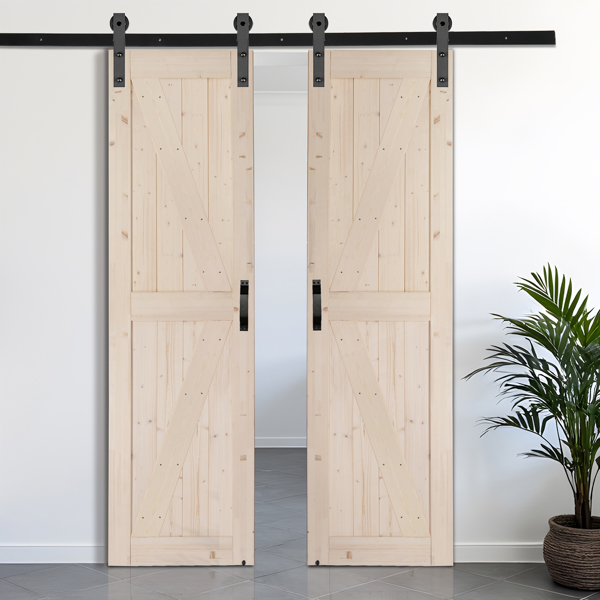 48 in. x 84 in. Unfinished Sliding Double Barn Door with 8FT Barn Door Hardware Kit & Handle ，K Frame，Solid Spruce Wood，Requires Simple DIY Assembly