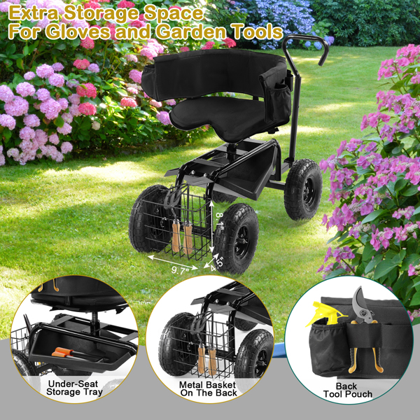 Rolling Garden Cart with Cushioned Backrest & Seat, Outdoor Gardening Stool for Planting, Garden Scooter with 360 Degree Swivel Seat & Steering Handle & Tool Tray, Black