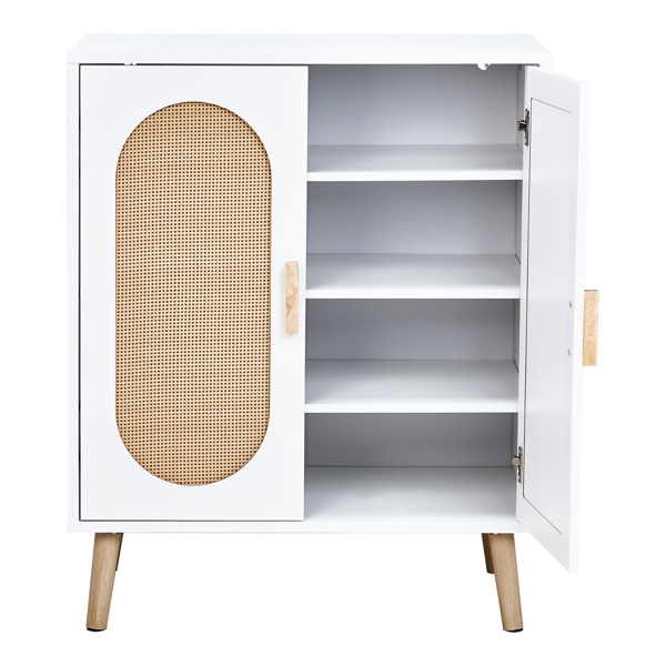 FCH 2-door vertical shoe cabinet particle board + plastic rattan white frame + original wood rattan surface + gold high feet