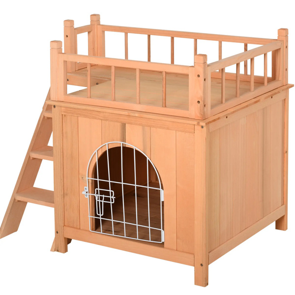  Natural Wood 2-Level Wooden Cat House with Lockable Wire Door