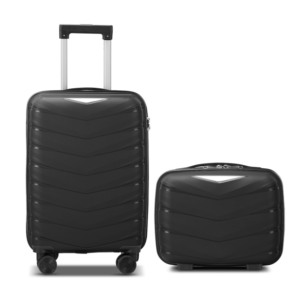  V-striped 2-piece suitcase with PP handbag PP trolley case 14in 20in PP iron trolley classic color - black (grained pattern)