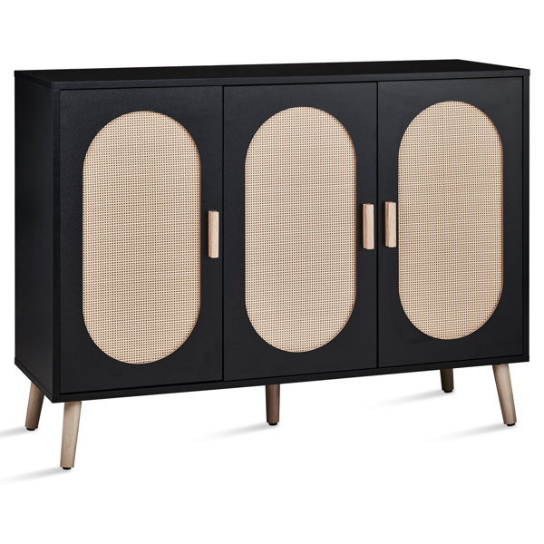 FCH 3-door vertical shoe cabinet particle board + plastic rattan black frame + original wood rattan surface + gold high feet