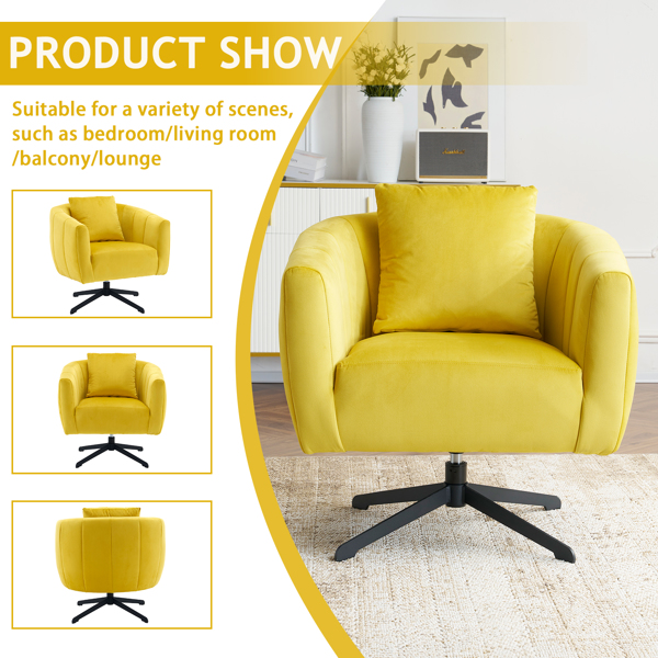 360° Swivel Accent Chair, Modern Velvet Fabric Living Room Armchair, Comfy Wide Upholstered with Fluffy Cushion and Metal Legs, Barrel Chairs for Living Room, Lounge, Office Yellow