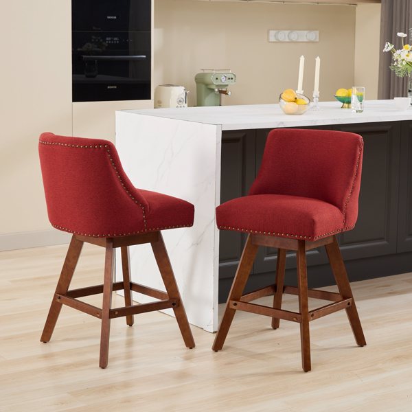 Counter Height Swivel Barstools, 26'' H Seat Height Upholstered Bar Stools Set of 2, Fabric in Wine Red