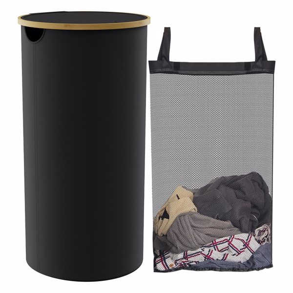 Round Laundry Basket with lid, Collapsible Laundry Hamper with Bamboo Handle, Dirty Clothes Hampers with Removable Laundry Bag Black (FBA)