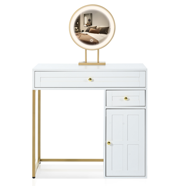 31.5'' Makeup Vanity Desk with Lighted Mirror, Luxury Dressing Table with 2 Drawers and 1 Cabinet, 3 Lighting Modes Available for Bedroom, White-ld（stool not included）