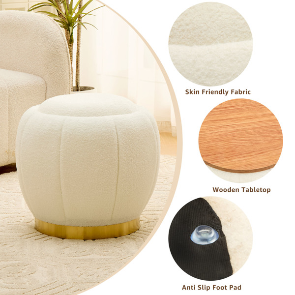 Storage Ottoman, Modern Round Floral Footrest with Soft Padded Seat, Teddy Velvet Footstool, Accent Small Table or Plant Stand for Hallway, Living Room (White)