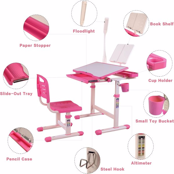 Desk for Kids Desk and Chair Set Kids Art Desk Drafting Table Desk Set with Adjustable Height, 40-Degree Tiltable Children Desktop, LED Light,Bookstand,Pink