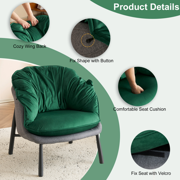 Velvet Accent Chair Barrel Chair with Metal Legs Modern Comfy Armchair Accent Reading Chair for Living Room, Bedroom, Study Room, Home Office Green