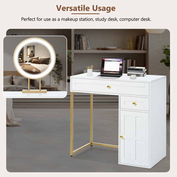 31.5'' Makeup Vanity Desk with Lighted Mirror, Luxury Dressing Table with 2 Drawers and 1 Cabinet, 3 Lighting Modes Available for Bedroom, White-ld（stool not included）