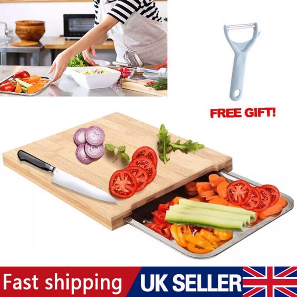 Bamboo Wooden Chopping Board Cutting Slicing + Sliding Stainless Steel Tray