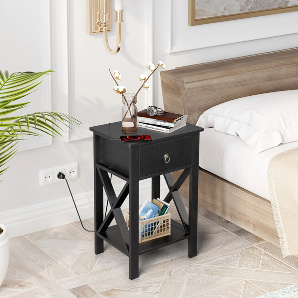 2PCS Side Intersection Style Bedside Table Coffee Table with Two-layer Drawer Black