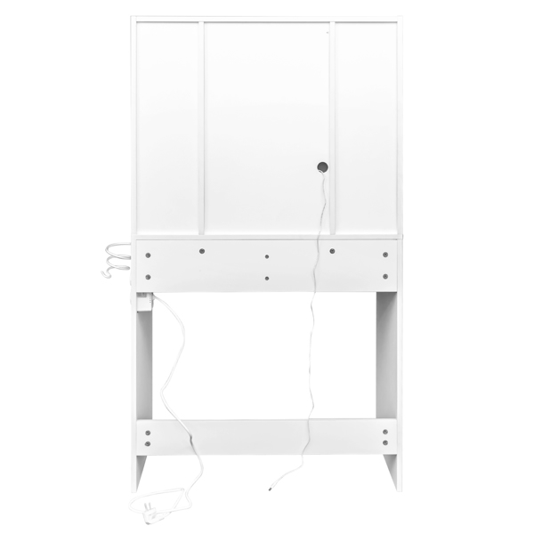 White, hemp surface particle board with triamine, 2 drawers and 4 shelves, dressing table set, LED three-color dimming touch mirror, with power strip, hair dryer holder, glass table top