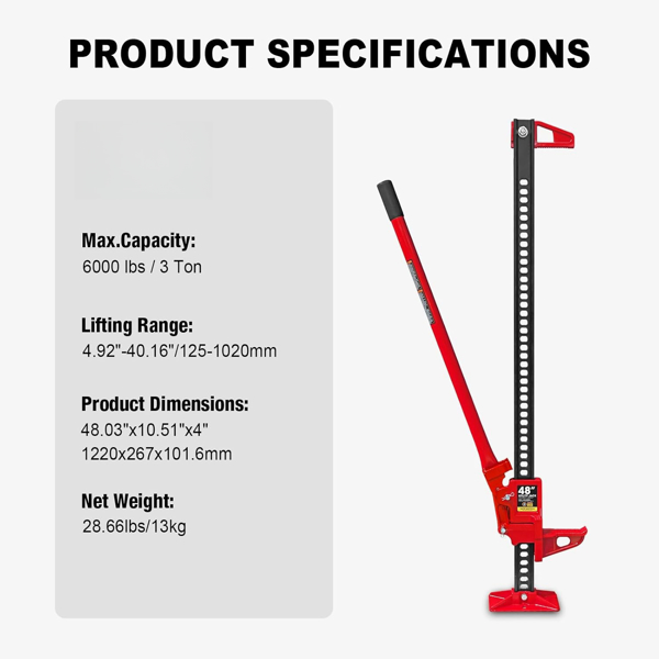 48'' Universal Farm Jack Tractor Truck SUV Bumper Jack Ratcheting Off Road Trail Jack 3-Ton Capacity Lift Bumper Utility