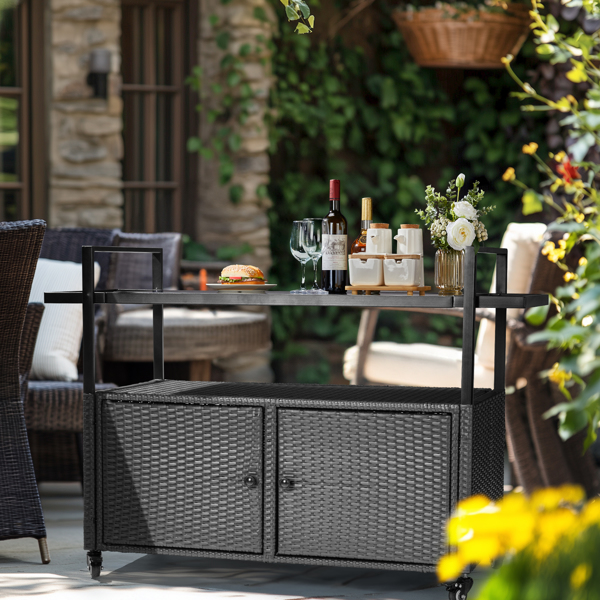 Outdoor Bar Cart Table, Large Wicker Island Rolling Cart, Wheeled Buffet Serving Cart with Glass Top & Storage Cabinet & Handles for Porch Backyard Garden Poolside, Black