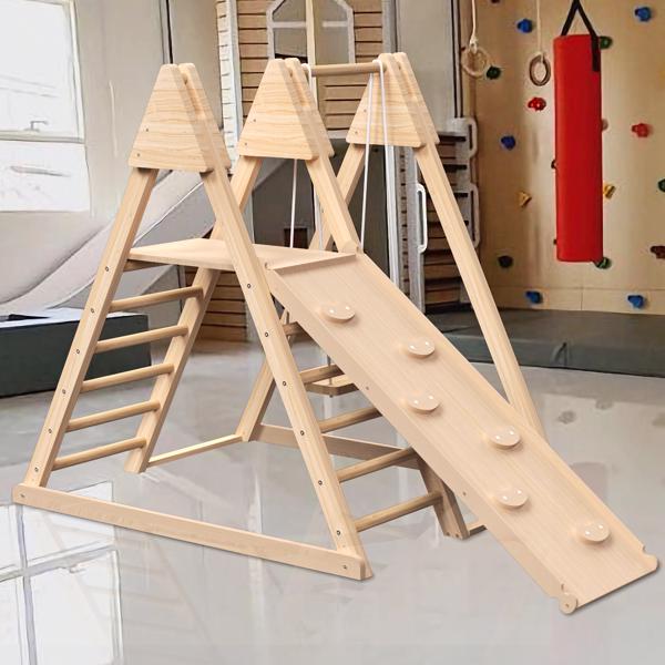 4-in-1 Indoor Play Gym - Jungle Gym Playset with Baby Swing, Slide, Ladder, and Climbing Wall - Foldable Wooden Playset - Indoor Jungle Gym for Kids