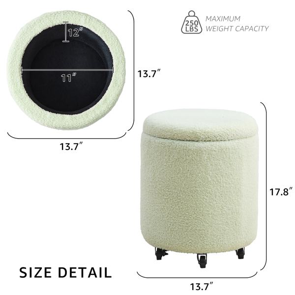 Storage Ottoman Foot Rest Round Footstool Teddy Velvet Footrest Multifunctional Rolling Stool Coffee Table Ottoman with Wheels Vanity Stool for Makeup Room Living Room Bedroom Green