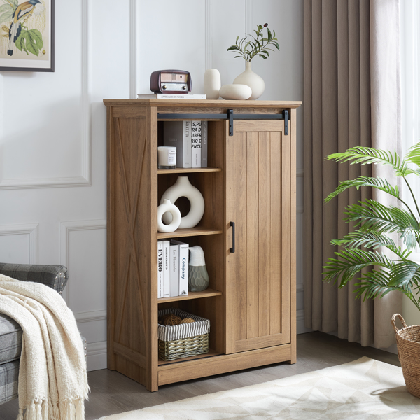 5 Drawers Dresser w/Sliding Barn Door, Farmhouse Modern Tall Dresser 5 Chest of Drawers, Storage Organizer Dresser for Bedroom, Hallway, Living Room, Kids Room OAK