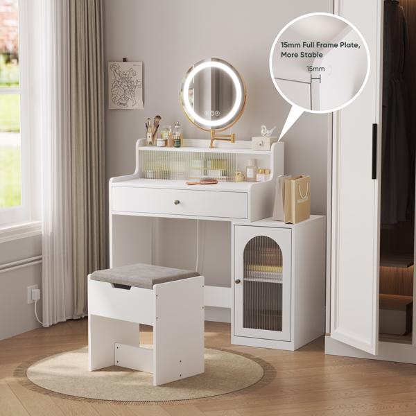 White Vanity Desk with 360° Rotated Mirror and Adjustable Lights, Girls Makeup Vanity Table with Storage Chair and Side Cabinet with Waveform Glass Doors, Dressing Table with Drawer for Bedroom