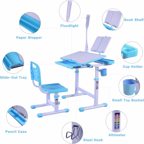 Desk for Kids Desk and Chair Set Kids Art Desk Drafting Table Desk Set with Adjustable Height, 40-Degree Tiltable Children Desktop, LED Light,Bookstand,Blue