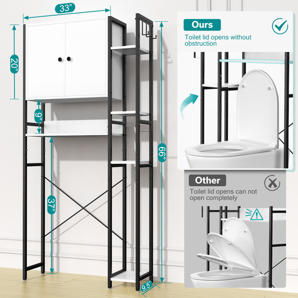 Over The Toilet Storage Cabinet with 4-Tier Side Adjustable Storage Shelves, Non-slip Freestanding Over Toilet Storage W/Hooks, Space Saver Over Toilet Bathroom Organizer for Restroom, Laundry, White